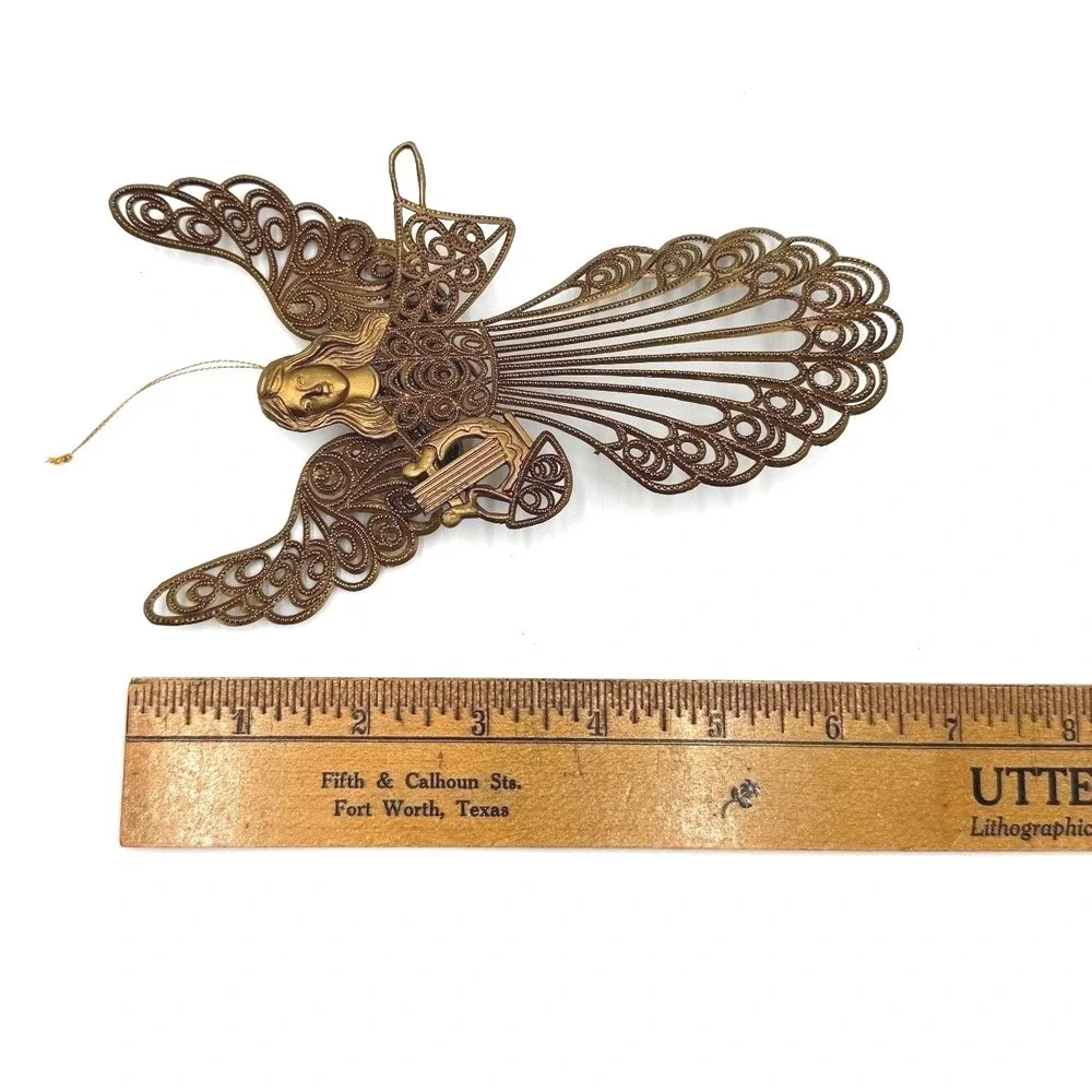 Vintage Brass Tone Angel Lyre Ornament Christmas‎ Hanging Decor Filigree Metal